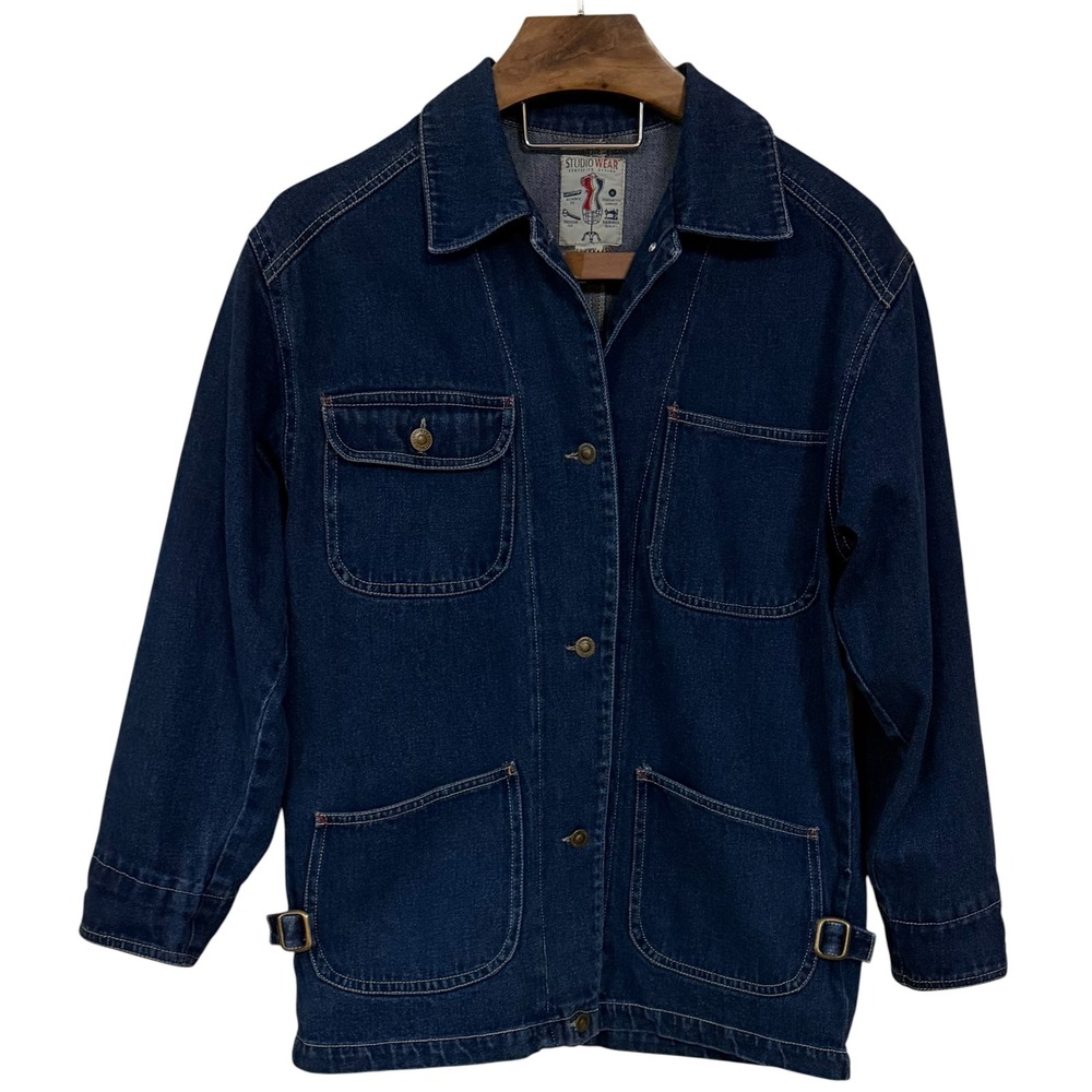 Vtg Studio Wear Womens Denim Chore Jacket Indigo Blue Cotton Workwear Coat M